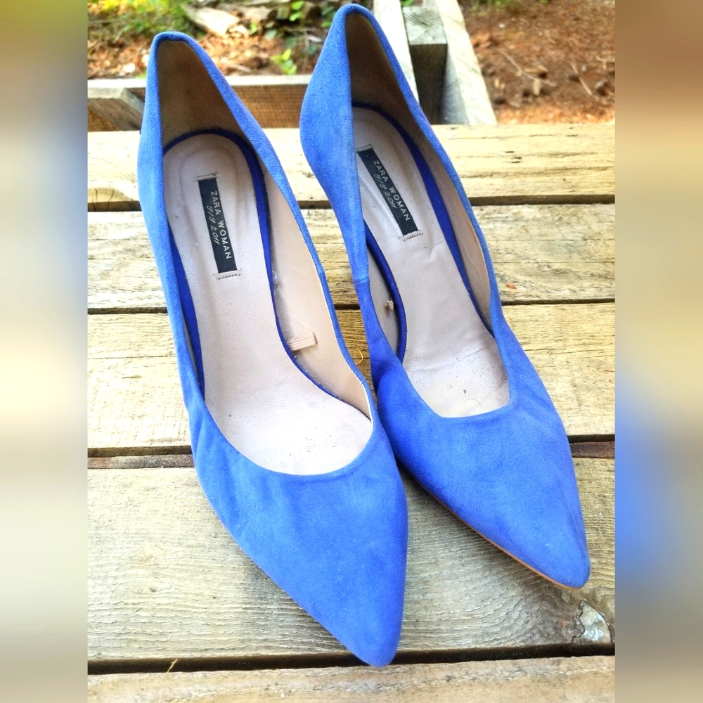 Size 10 Blue Suede Shoes High Heel Pointed Toe Pumps Zara Woman 2011 Rare 41 Eu
